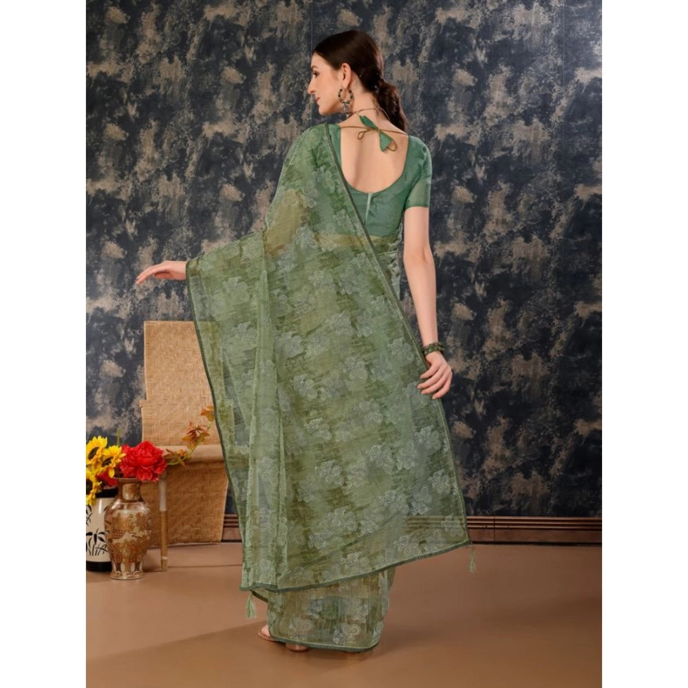 Clasymist Women's Linen Floral Printed Saree With Unstitched Blouse (Green, 5-6 Mtrs)