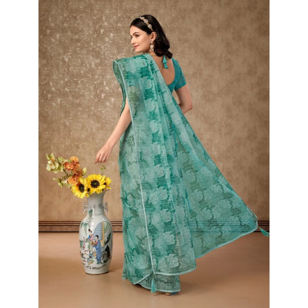 Clasymist Women's Linen Floral Printed Saree With Unstitched Blouse (Turquies Green, 5-6 Mtrs)