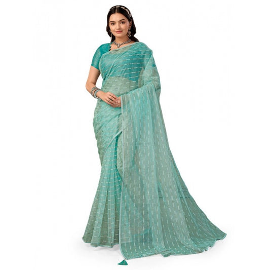 Clasymist Women's Linen Line Saree With Unstitched Blouse (Turquies Green, 5-6 Mtrs)