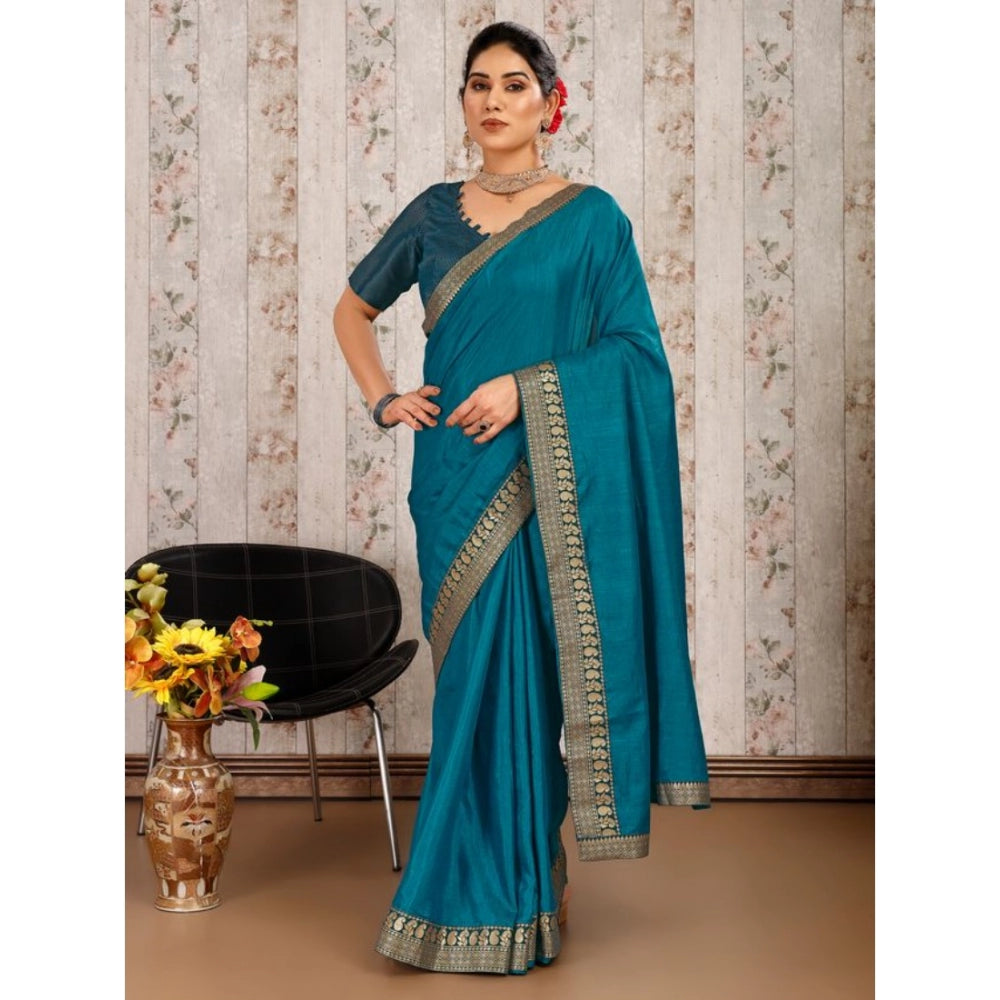 Clasymist Women's Vichitra Plain Saree With Unstitched Blouse (Blue, 5-6 Mtrs)