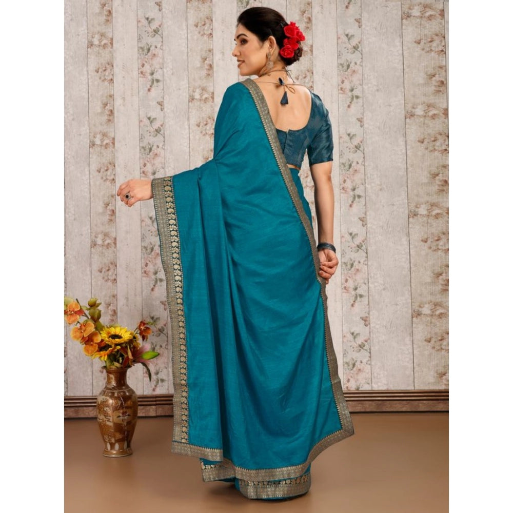 Clasymist Women's Vichitra Plain Saree With Unstitched Blouse (Blue, 5-6 Mtrs)