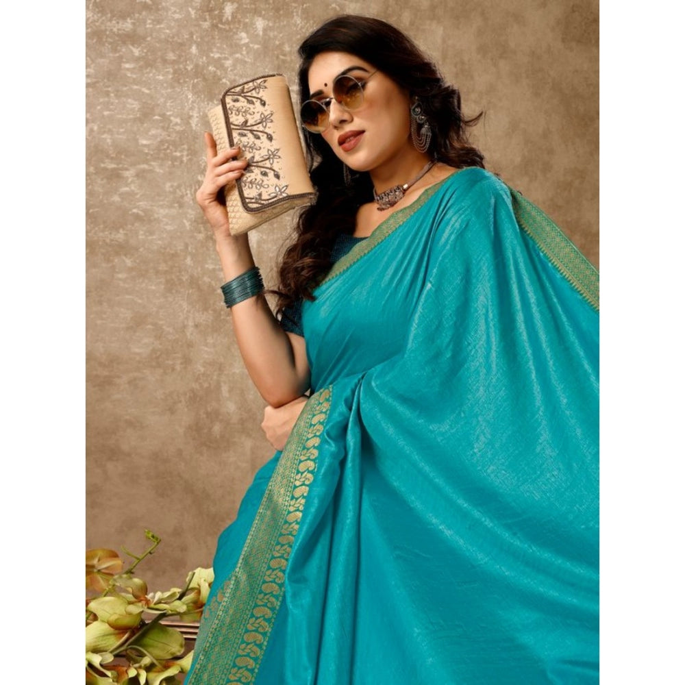 Clasymist Women's Vichitra Plain Saree With Unstitched Blouse (Teal Blue, 5-6 Mtrs)