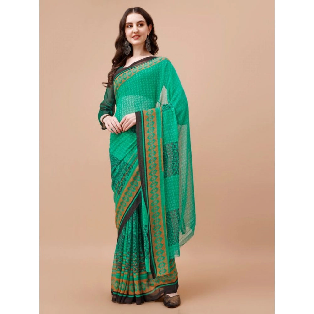 Clasymist Women's Weightless Floral Printed Saree With Unstitched Blouse (Green, 5-6 Mtrs)