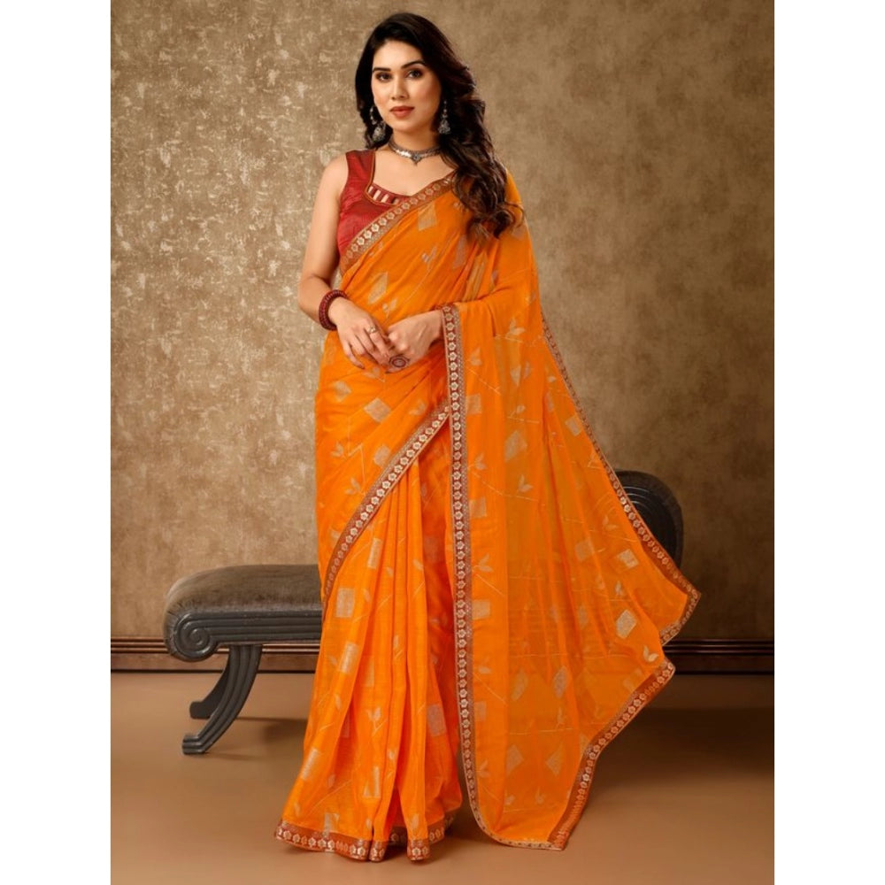 Clasymist Women's Zomto Patta Chiffon Saree With Unstitched Blouse (Yellow, 5-6 Mtrs)