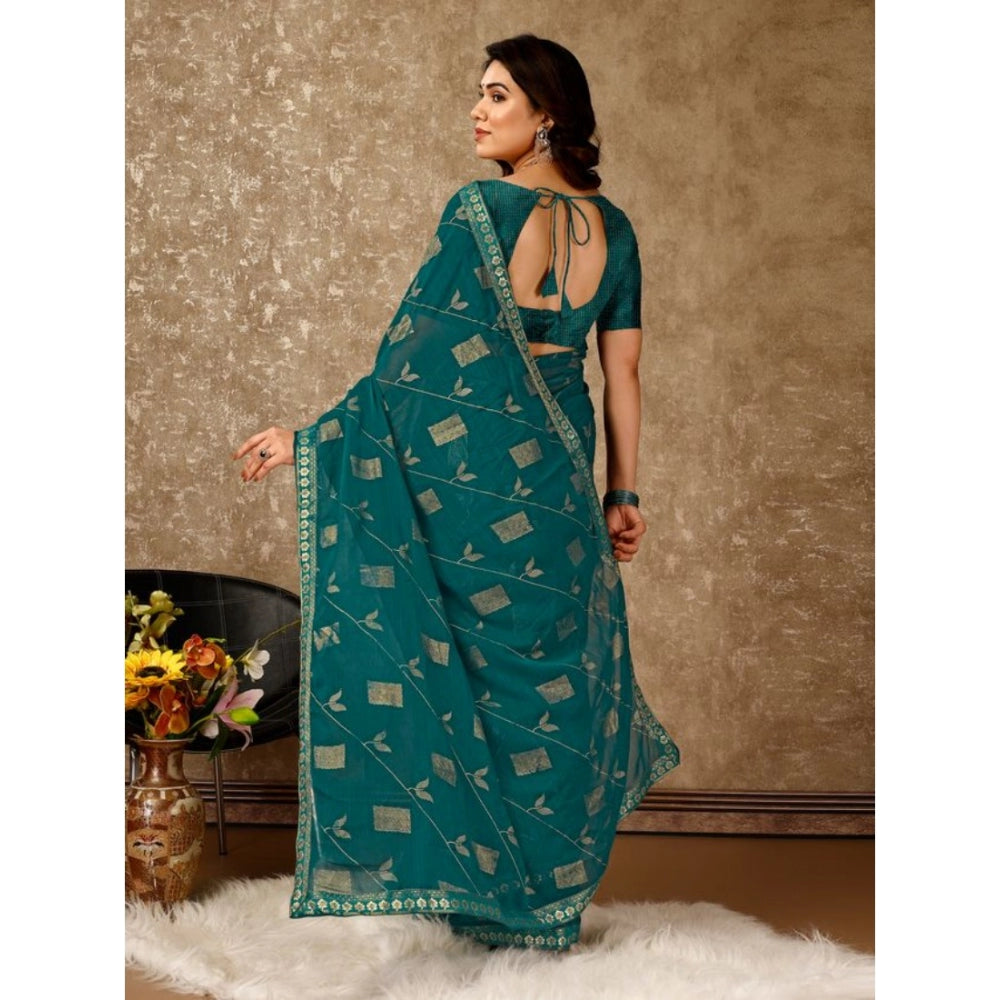 Clasymist Women's Zomto Patta Chiffon Saree With Unstitched Blouse (Teal Blue, 5-6 Mtrs)