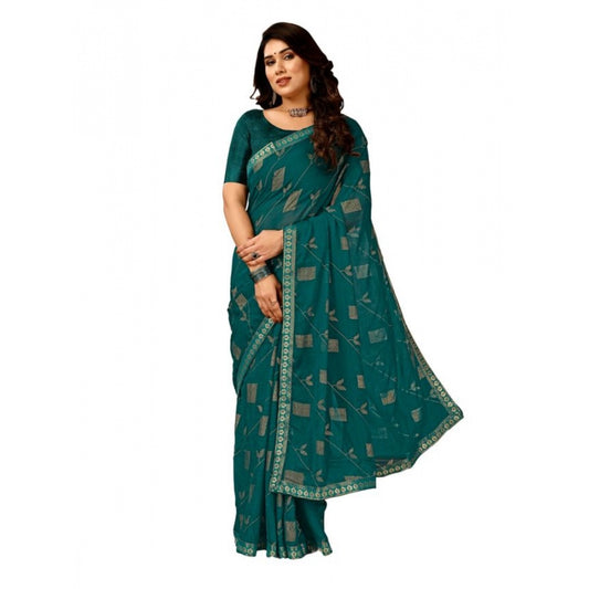 Clasymist Women's Zomto Patta Chiffon Saree With Unstitched Blouse (Teal Blue, 5-6 Mtrs)