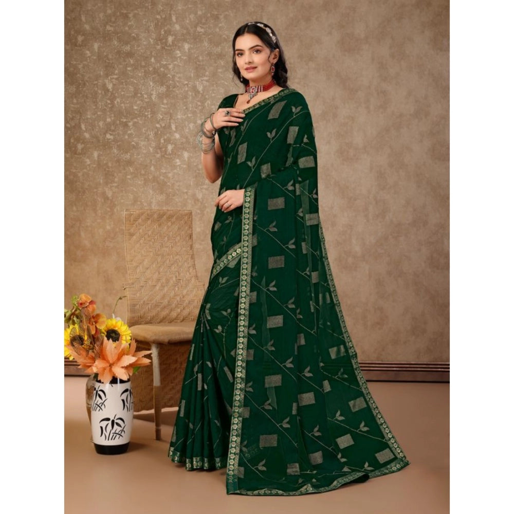 Clasymist Women's Zomto Patta Chiffon Saree With Unstitched Blouse (Green, 5-6 Mtrs)