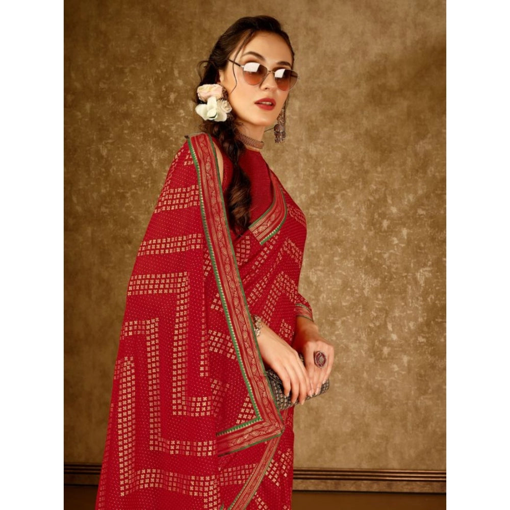 Clasymist Women's Zomto Zig Zag Saree With Unstitched Blouse (Red, 5-6 Mtrs)