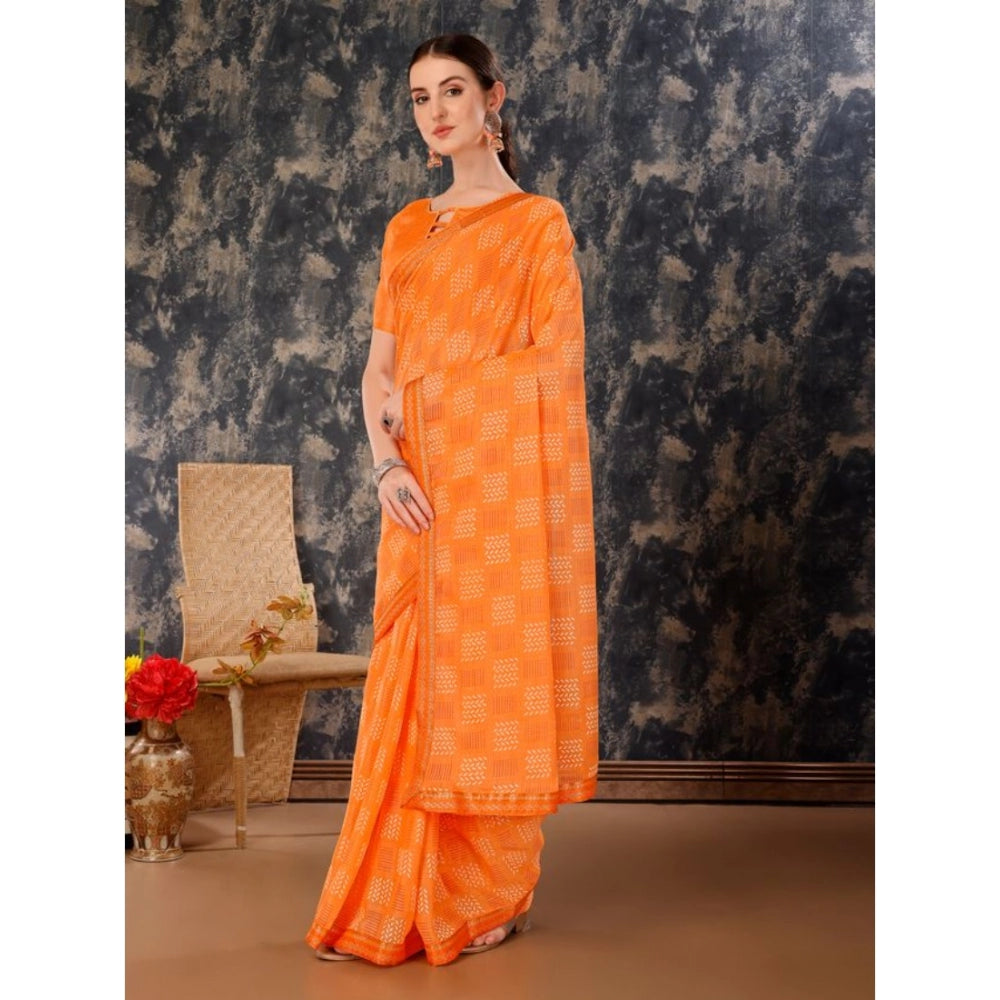 Clasymist Women's Zomto Checked Saree With Unstitched Blouse (Orange, 5-6 Mtrs)