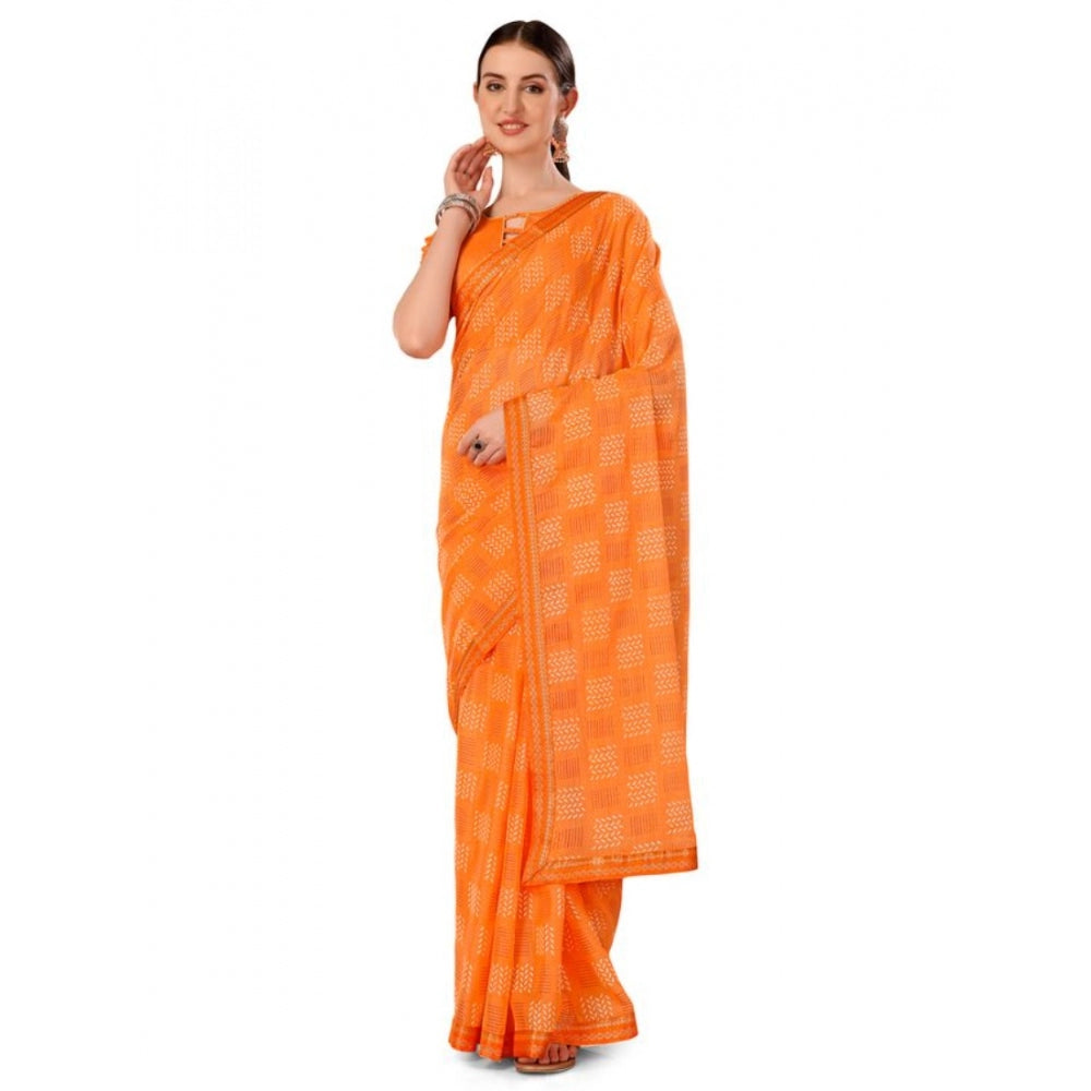 Clasymist Women's Zomto Checked Saree With Unstitched Blouse (Orange, 5-6 Mtrs)