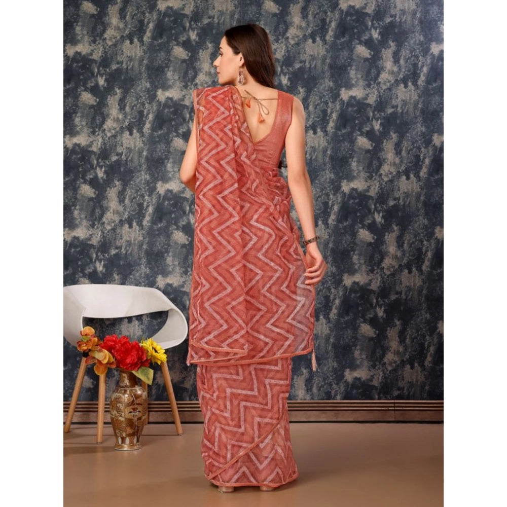 Clasymist Women's Linen Zig Zag Saree With Unstitched Blouse (Peach, 5-6 Mtrs)