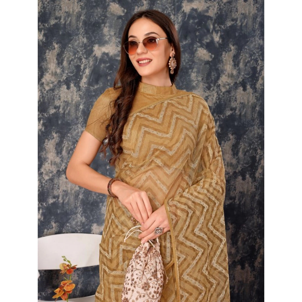 Clasymist Women's Linen Zig Zag Saree With Unstitched Blouse (Beige, 5-6 Mtrs)