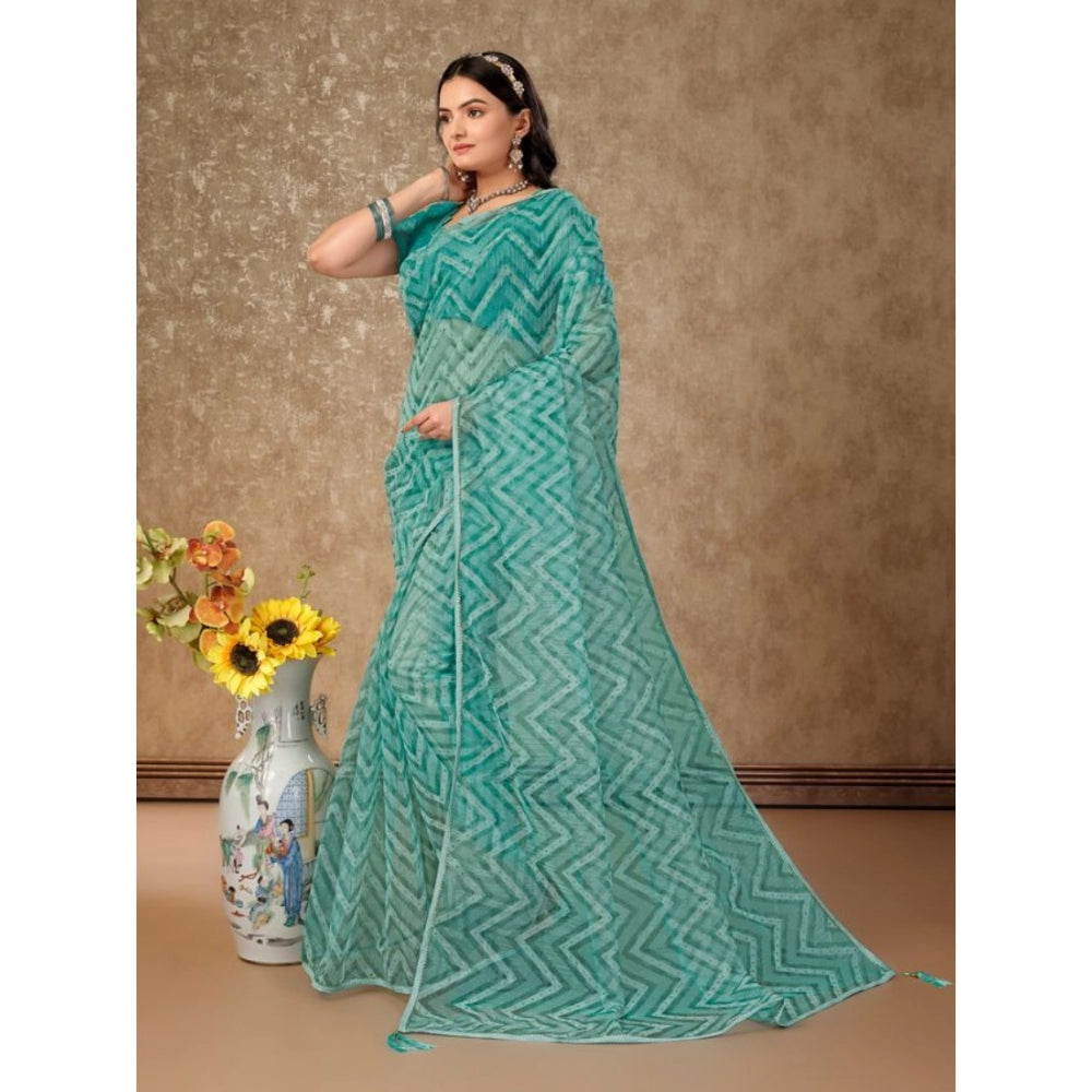 Clasymist Women's Linen Zig Zag Saree With Unstitched Blouse (Turquies Green, 5-6 Mtrs)