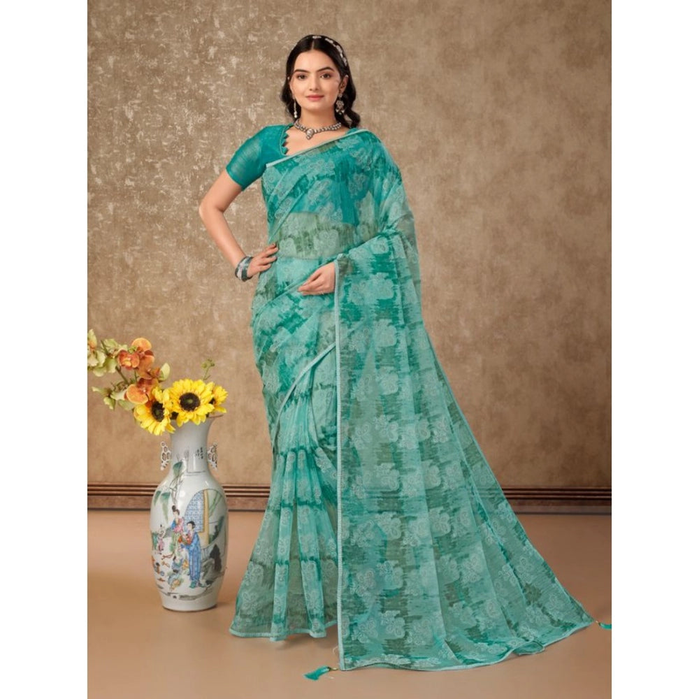 Clasymist Women's Linen Floral Printed Saree With Unstitched Blouse (Turquies Green, 5-6 Mtrs)