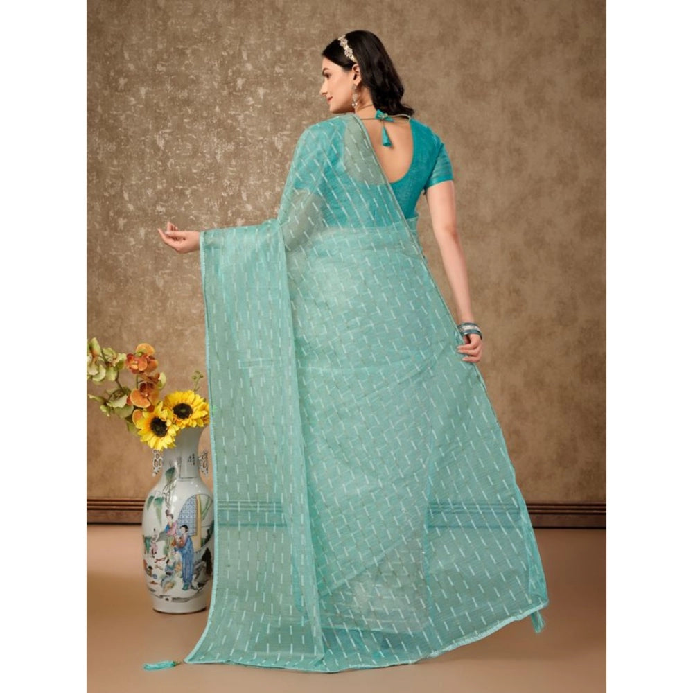 Clasymist Women's Linen Line Saree With Unstitched Blouse (Turquies Green, 5-6 Mtrs)