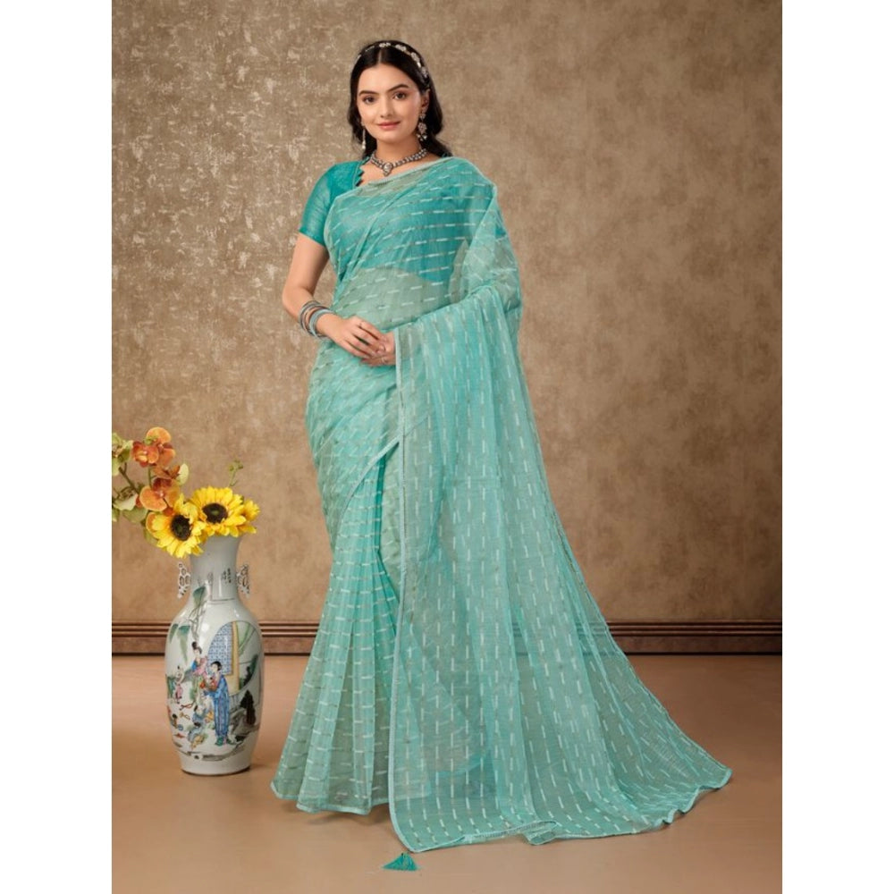 Clasymist Women's Linen Line Saree With Unstitched Blouse (Turquies Green, 5-6 Mtrs)