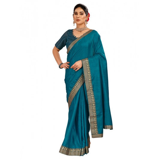 Clasymist Women's Vichitra Plain Saree With Unstitched Blouse (Blue, 5-6 Mtrs)