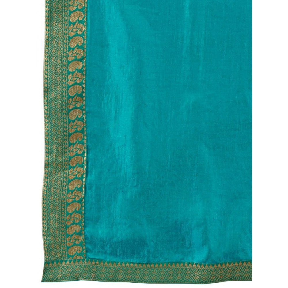 Clasymist Women's Vichitra Plain Saree With Unstitched Blouse (Teal Blue, 5-6 Mtrs)