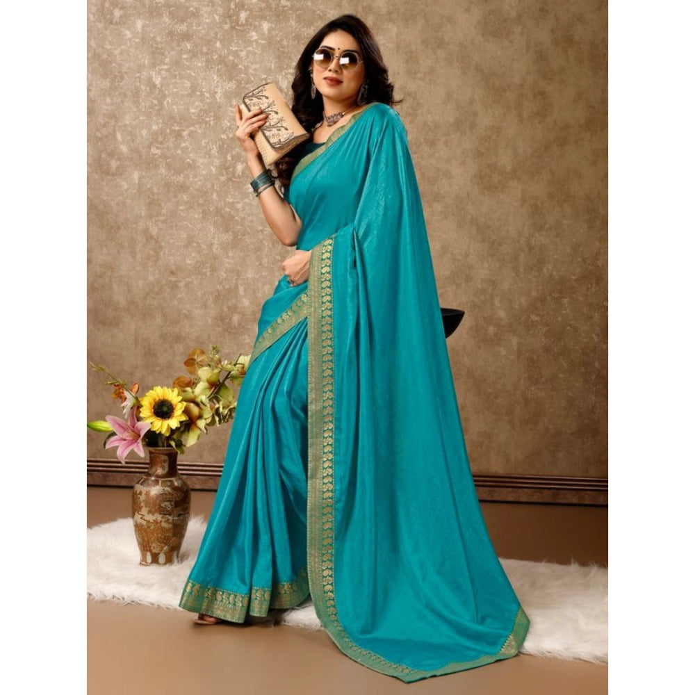 Clasymist Women's Vichitra Plain Saree With Unstitched Blouse (Teal Blue, 5-6 Mtrs)