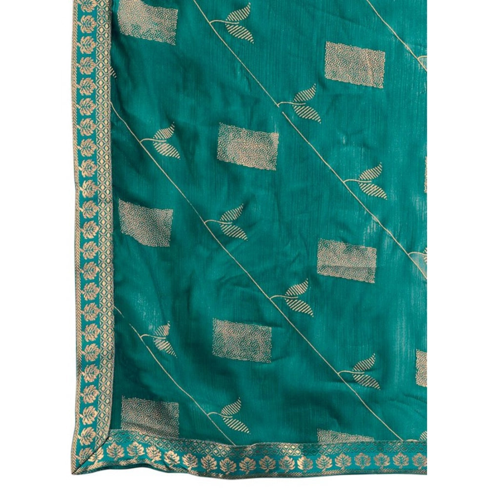 Clasymist Women's Zomto Patta Chiffon Saree With Unstitched Blouse (Teal Blue, 5-6 Mtrs)