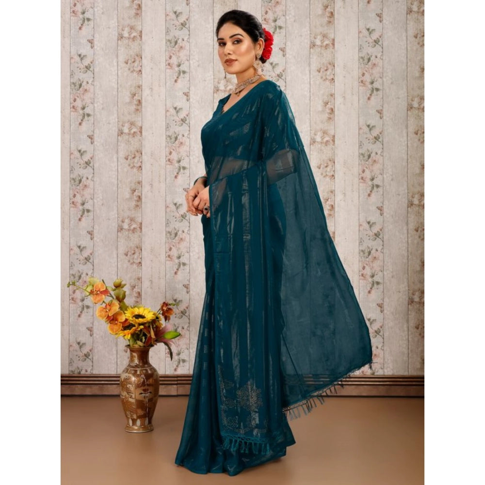 Clasymist Women's Chiffon Fabric Line Saree With Unstitched Blouse (Teal Blue, 5-6 Mtrs)