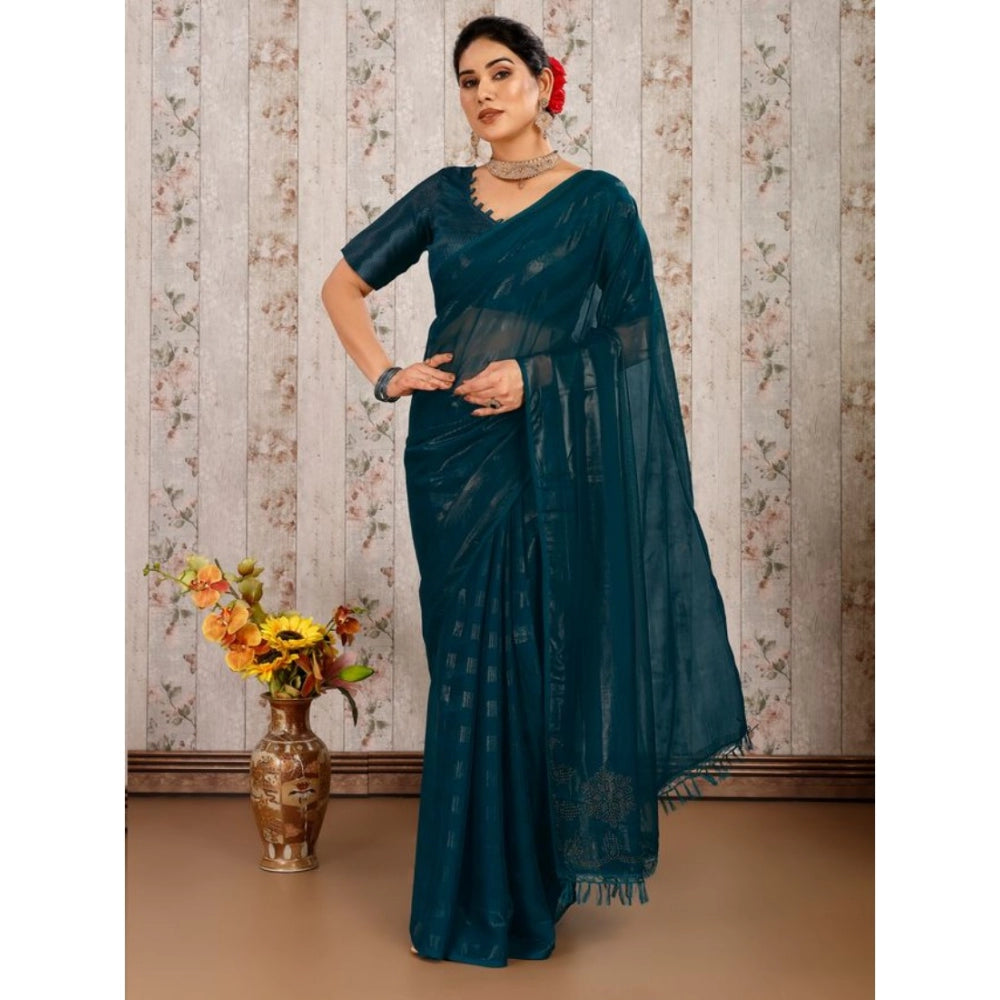 Clasymist Women's Chiffon Fabric Line Saree With Unstitched Blouse (Teal Blue, 5-6 Mtrs)