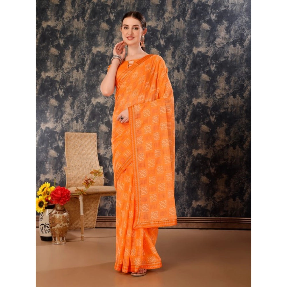 Clasymist Women's Zomto Checked Saree With Unstitched Blouse (Orange, 5-6 Mtrs)