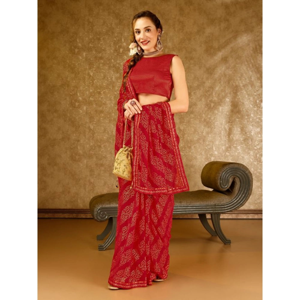 Clasymist Women's Zomto Bandhini Saree With Unstitched Blouse (Red, 5-6 Mtrs)