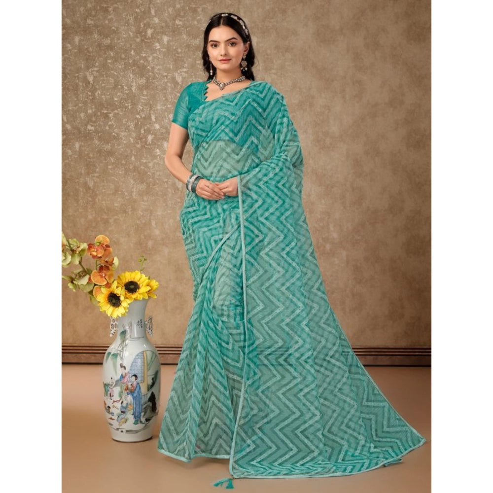 Clasymist Women's Linen Zig Zag Saree With Unstitched Blouse (Turquies Green, 5-6 Mtrs)