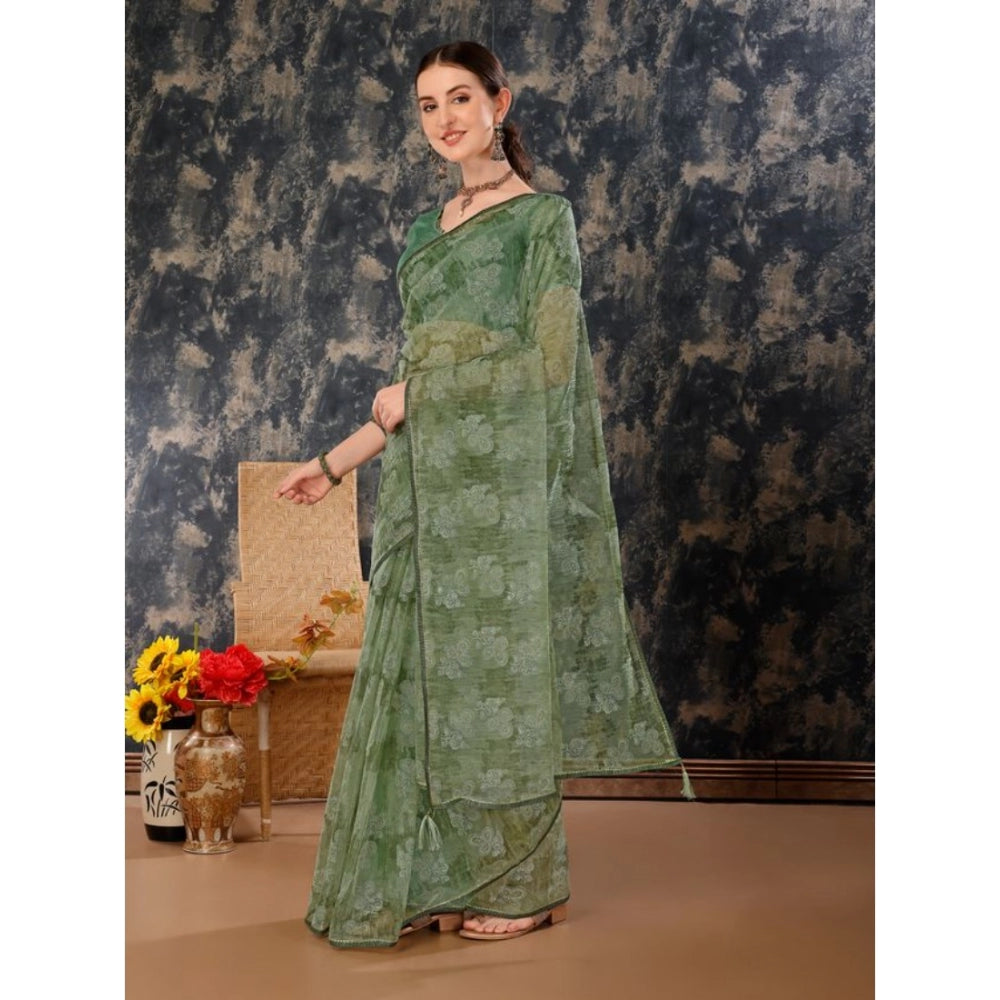 Clasymist Women's Linen Floral Printed Saree With Unstitched Blouse (Green, 5-6 Mtrs)