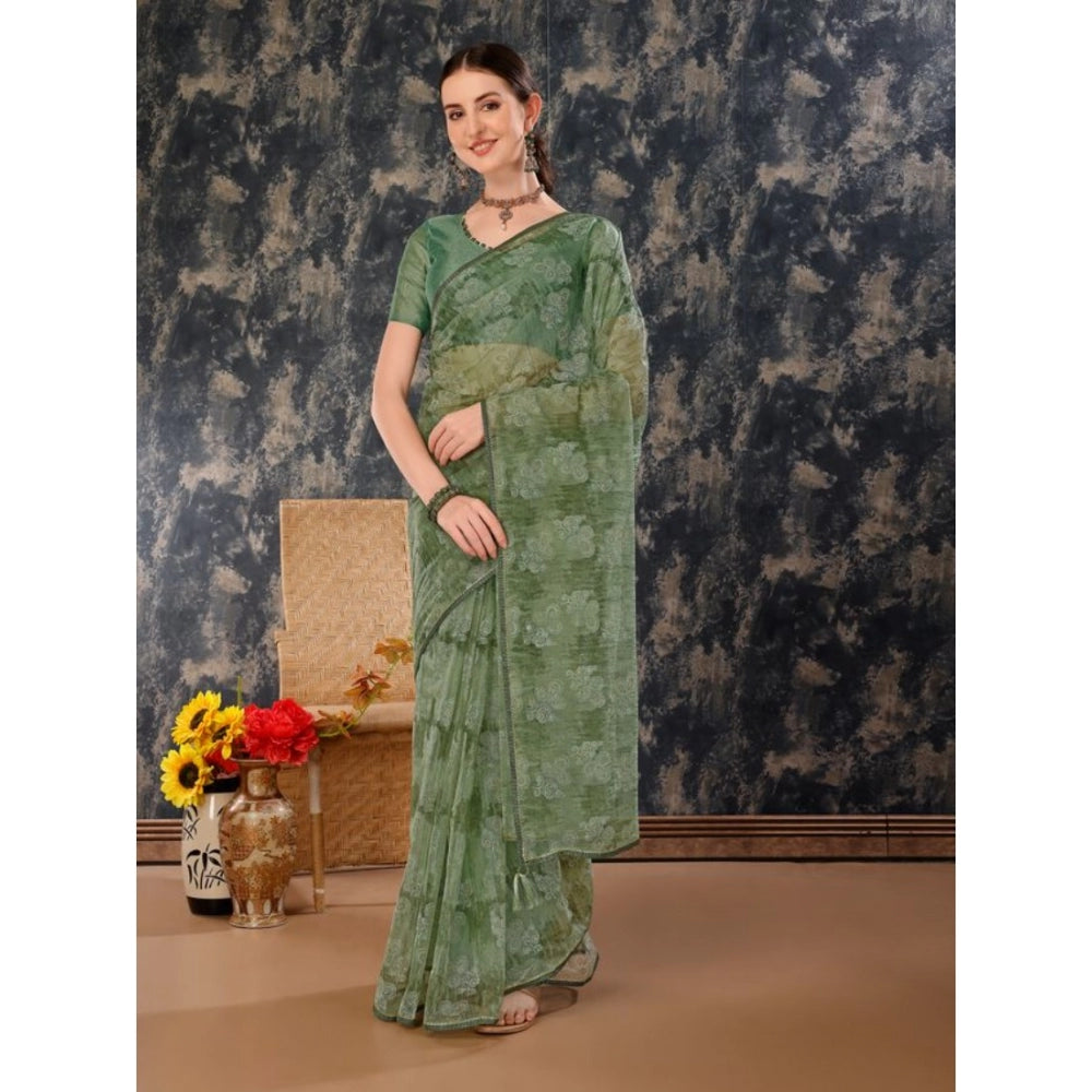 Clasymist Women's Linen Floral Printed Saree With Unstitched Blouse (Green, 5-6 Mtrs)