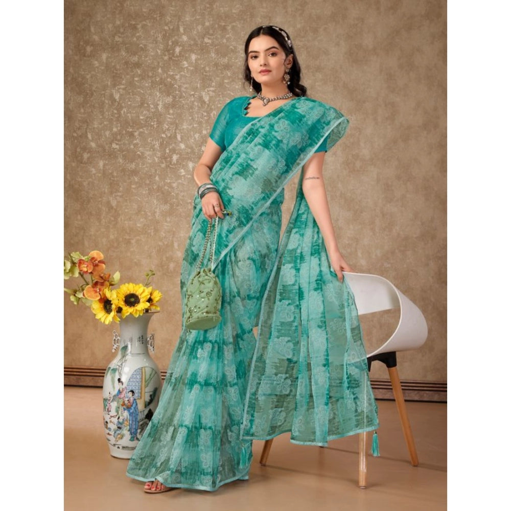 Clasymist Women's Linen Floral Printed Saree With Unstitched Blouse (Turquies Green, 5-6 Mtrs)