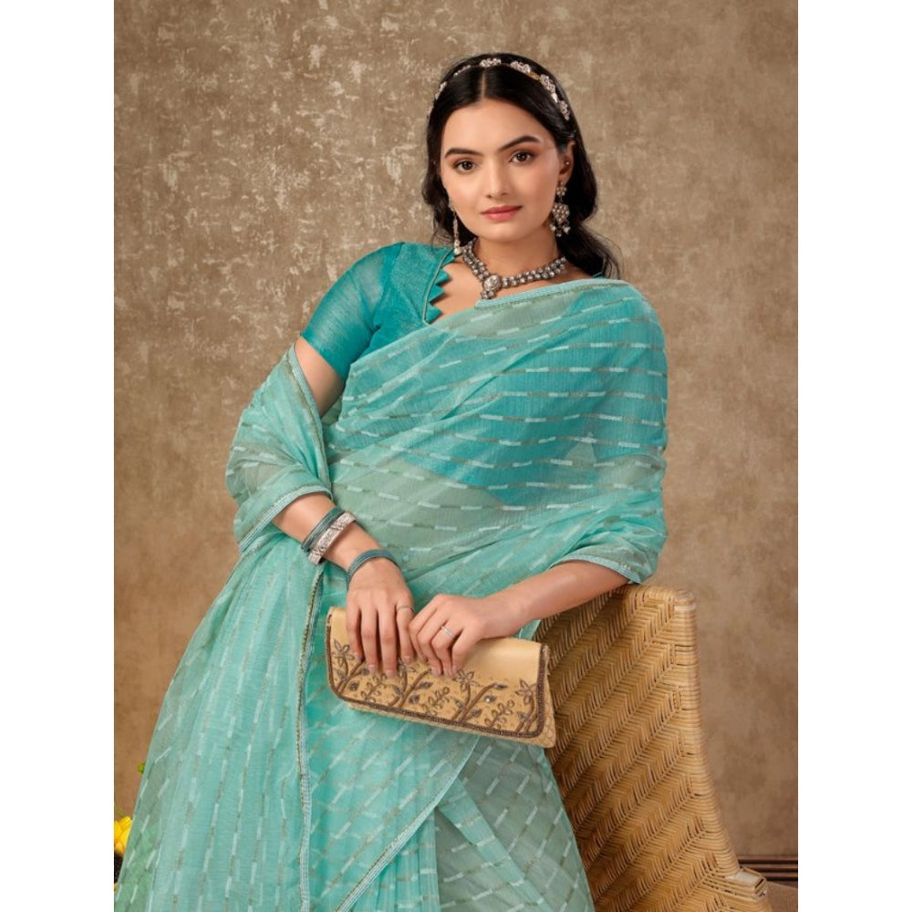 Clasymist Women's Linen Line Saree With Unstitched Blouse (Turquies Green, 5-6 Mtrs)