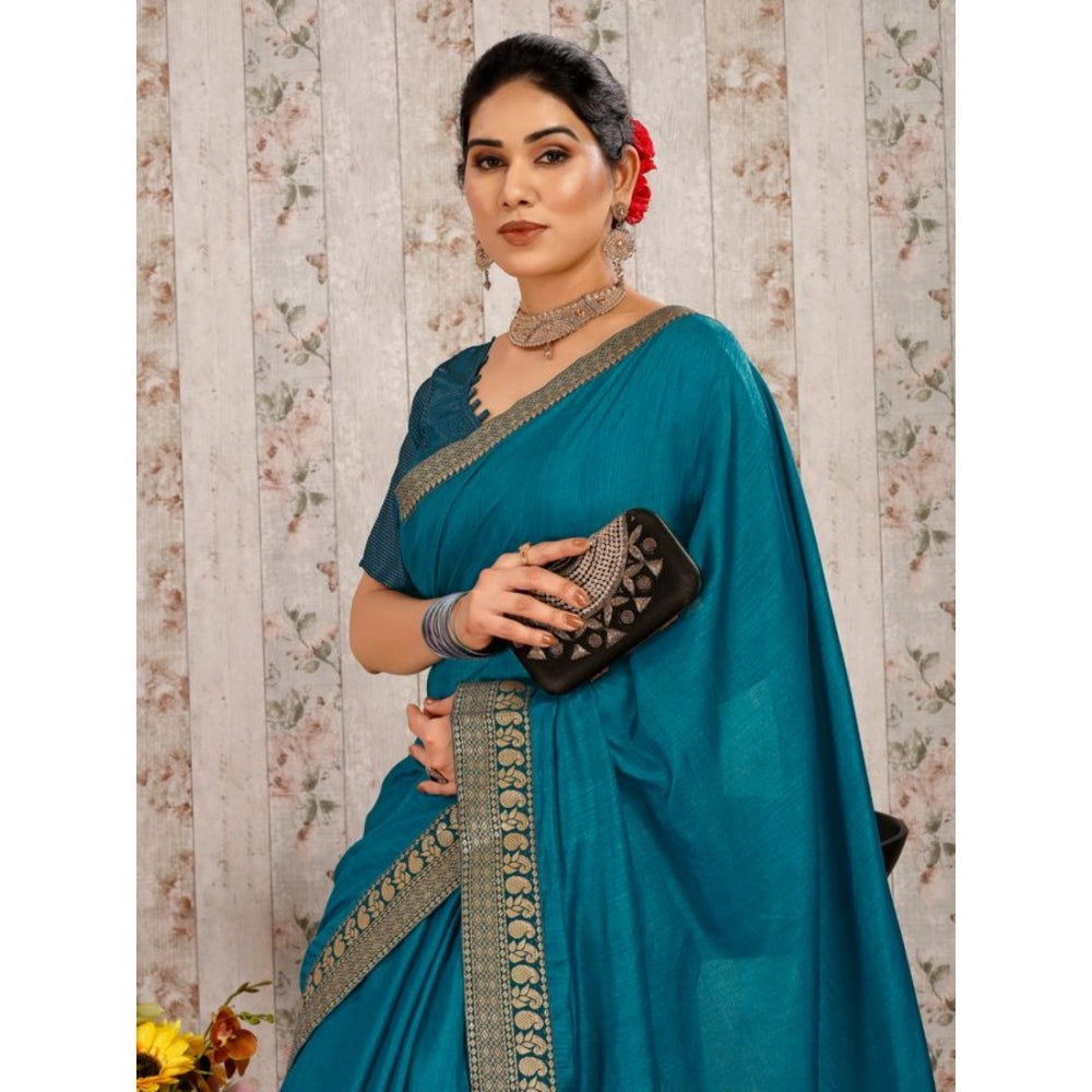 Clasymist Women's Vichitra Plain Saree With Unstitched Blouse (Blue, 5-6 Mtrs)