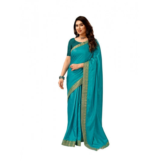 Clasymist Women's Vichitra Plain Saree With Unstitched Blouse (Teal Blue, 5-6 Mtrs)