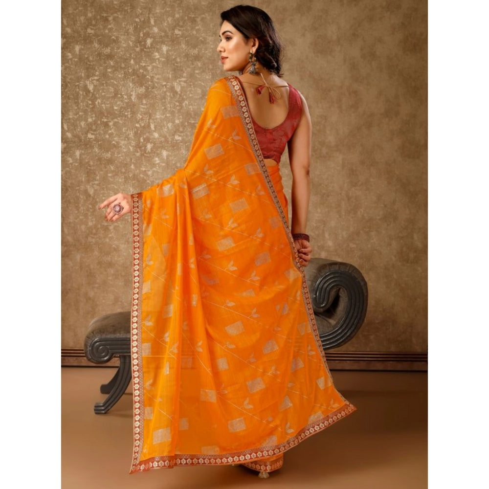 Clasymist Women's Zomto Patta Chiffon Saree With Unstitched Blouse (Yellow, 5-6 Mtrs)