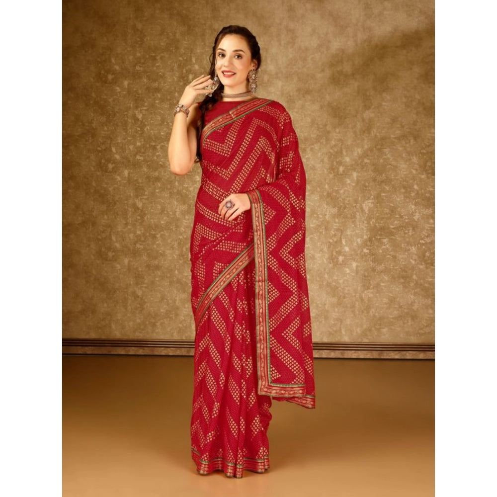 Clasymist Women's Zomto Zig Zag Saree With Unstitched Blouse (Red, 5-6 Mtrs)