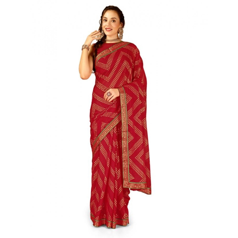 Clasymist Women's Zomto Zig Zag Saree With Unstitched Blouse (Red, 5-6 Mtrs)