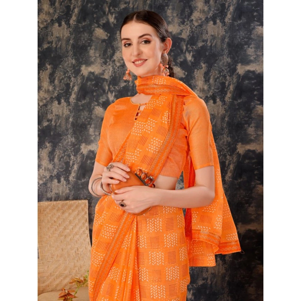 Clasymist Women's Zomto Checked Saree With Unstitched Blouse (Orange, 5-6 Mtrs)