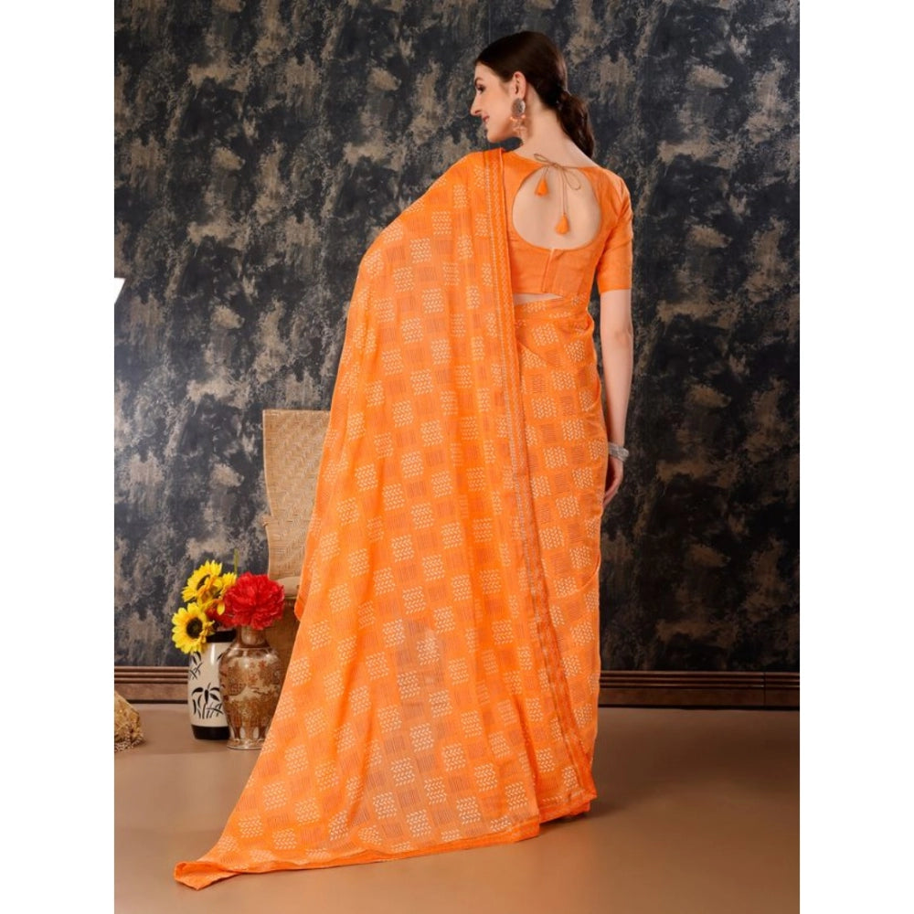 Clasymist Women's Zomto Checked Saree With Unstitched Blouse (Orange, 5-6 Mtrs)