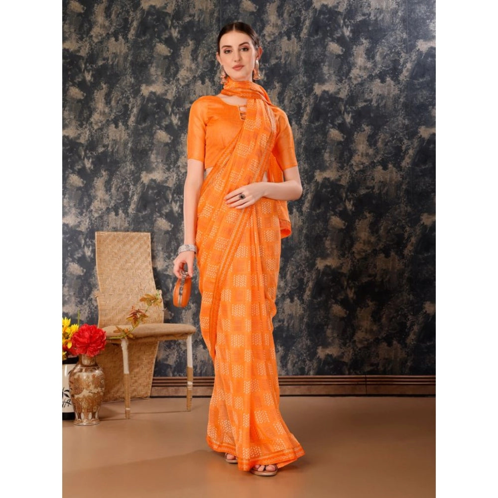 Clasymist Women's Zomto Checked Saree With Unstitched Blouse (Orange, 5-6 Mtrs)