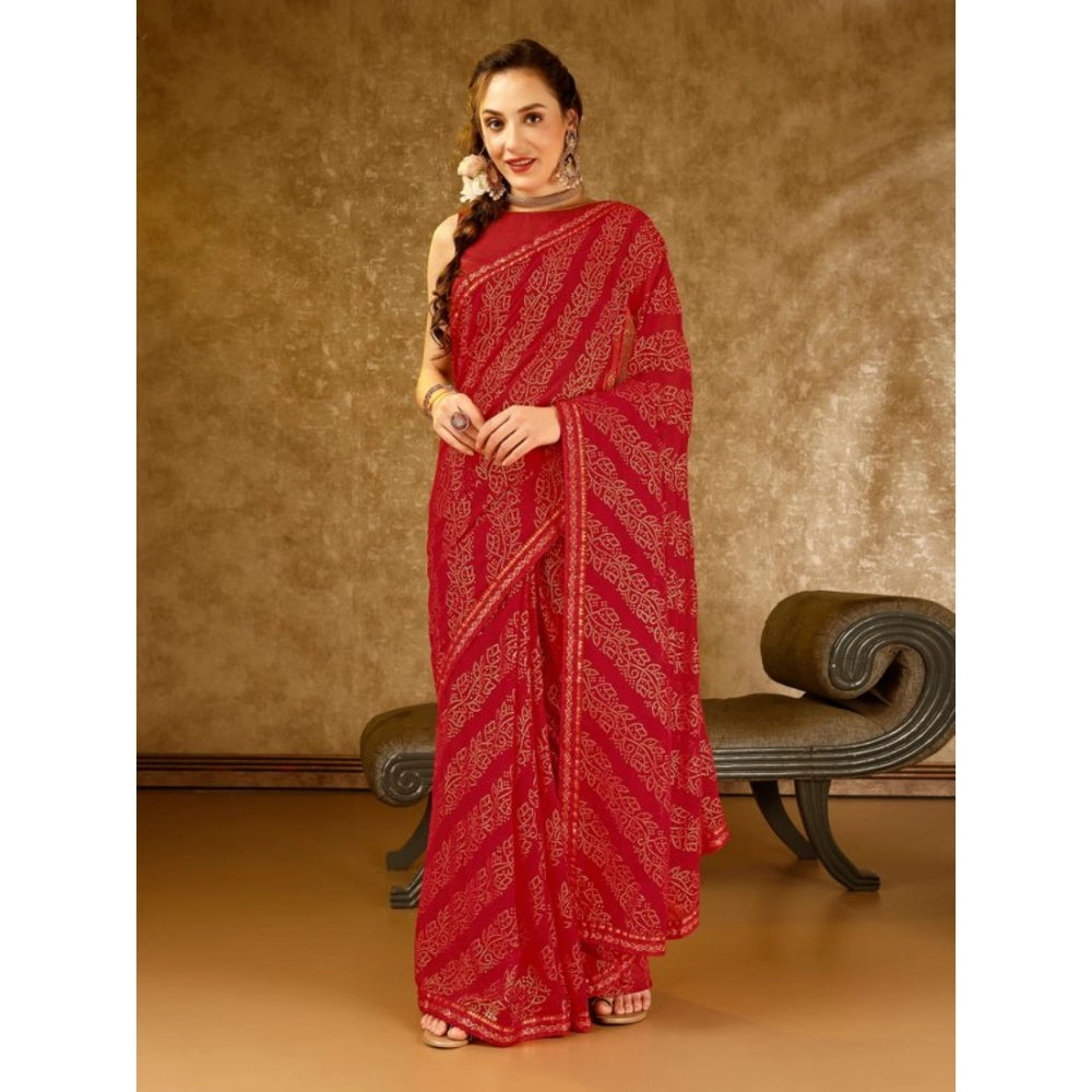 Clasymist Women's Zomto Bandhini Saree With Unstitched Blouse (Red, 5-6 Mtrs)