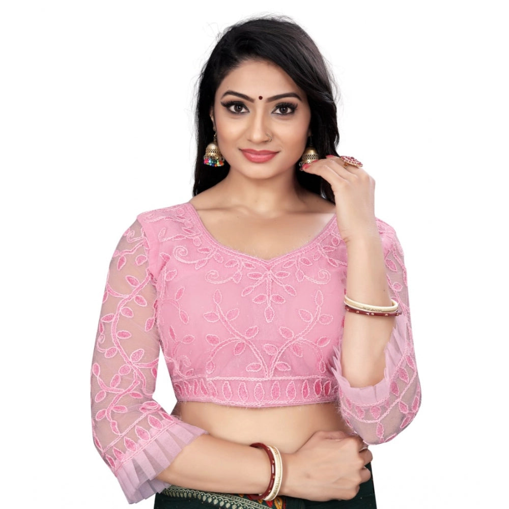 Clasymist Women's Nylon Net Embroidery Readymade Blouse (Pink, Size: Free Size)