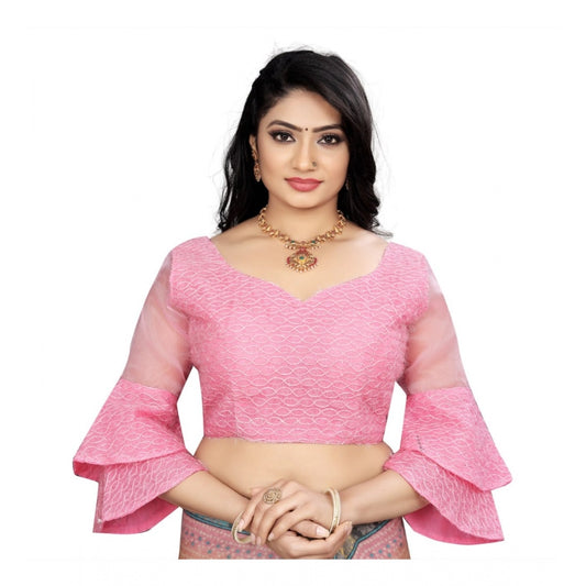 Clasymist Women's Organza Embroidery Readymade Blouse (Pink, Size: Free Size)