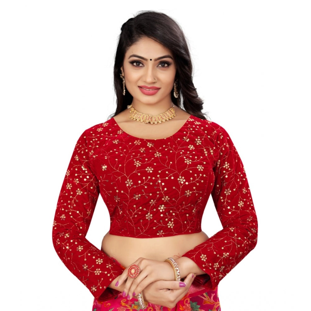 Clasymist Women's Velvet Embroidery Readymade Blouse (Red, Size: Free Size)