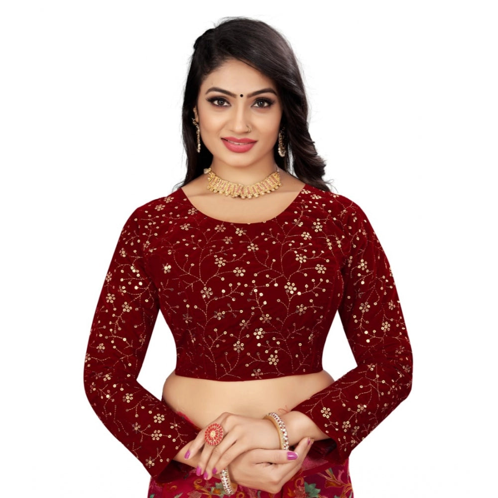 Clasymist Women's Velvet Embroidery Readymade Blouse (Maroon, Size: Free Size)