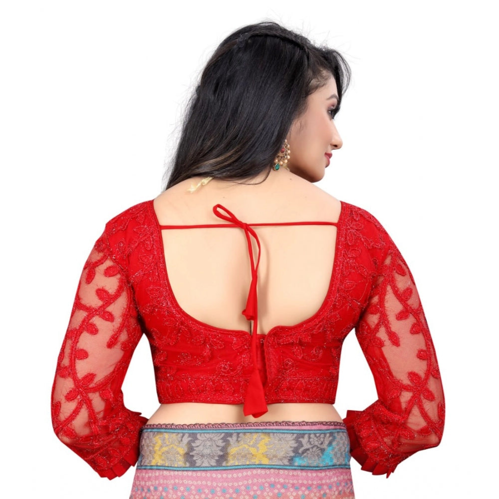 Clasymist Women's Nylon Net Embroidery Readymade Blouse (Red, Size: Free Size)