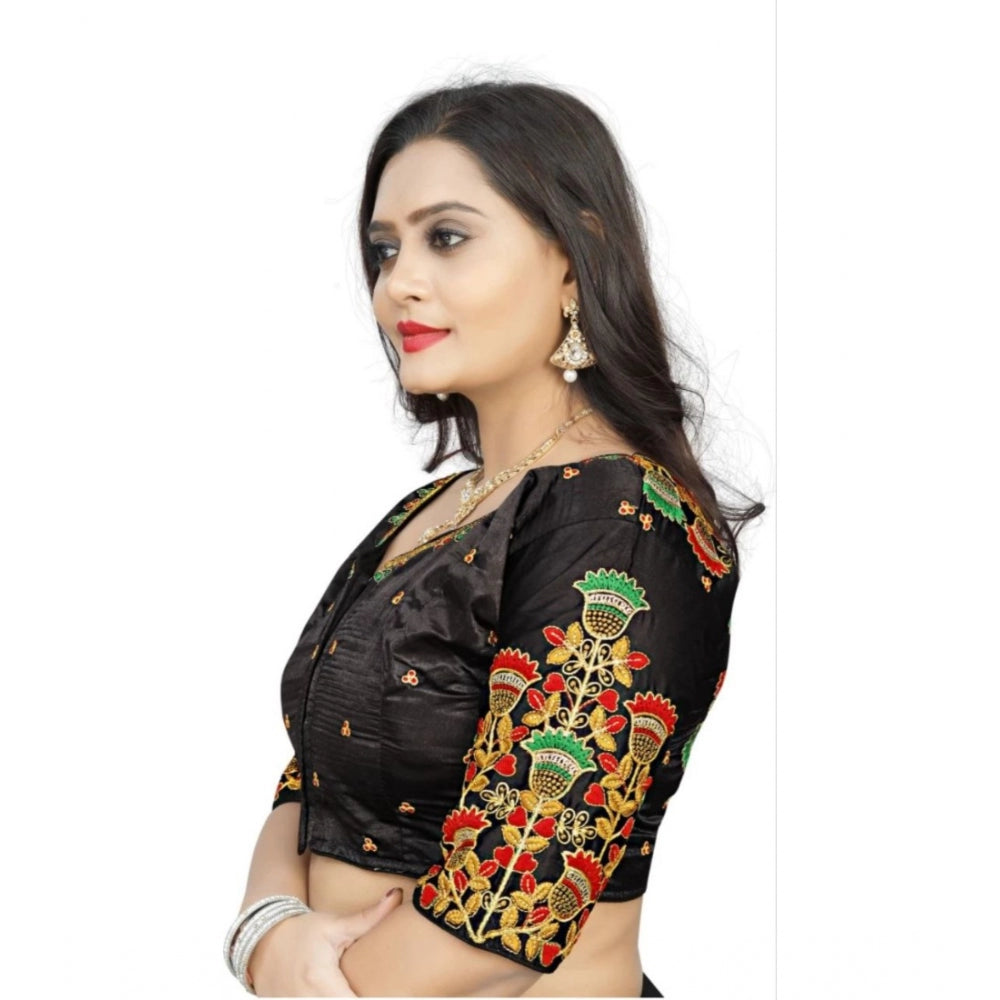 Clasymist Women's Malai Silk Floral Readymade Blouse (Black, Size: Free Size)