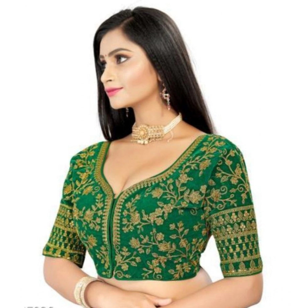 Clasymist Women's Velvet Embroidery Readymade Blouse (Green, Size: Free Size)