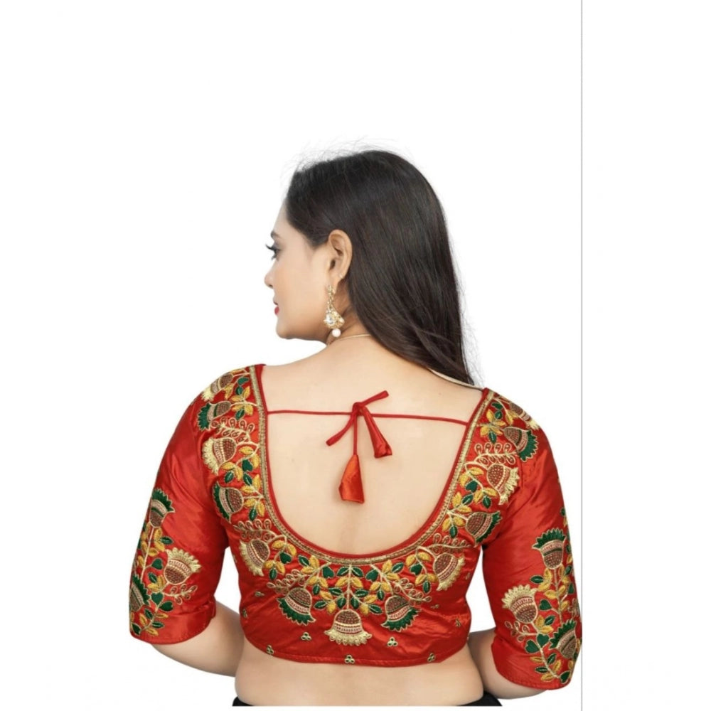 Clasymist Women's Malai Silk Floral Readymade Blouse (Red, Size: Free Size)